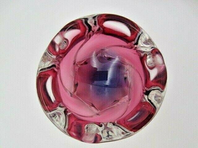 Chribska Organic Footed Round Pink Purple Sommerso Style Art Glass Bowl Label photo for sale