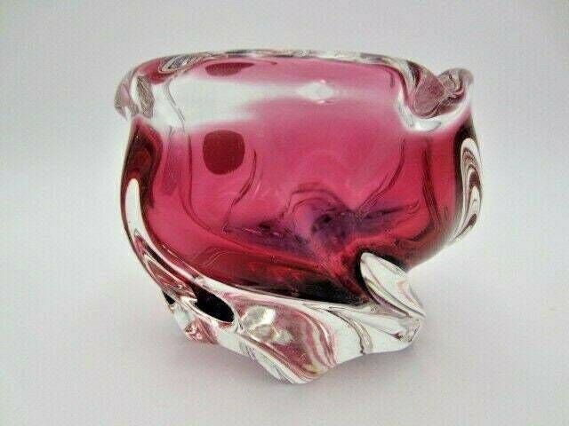 Chribska Organic Footed Round Pink Purple Sommerso Style Art Glass Bowl Label photo vinterior