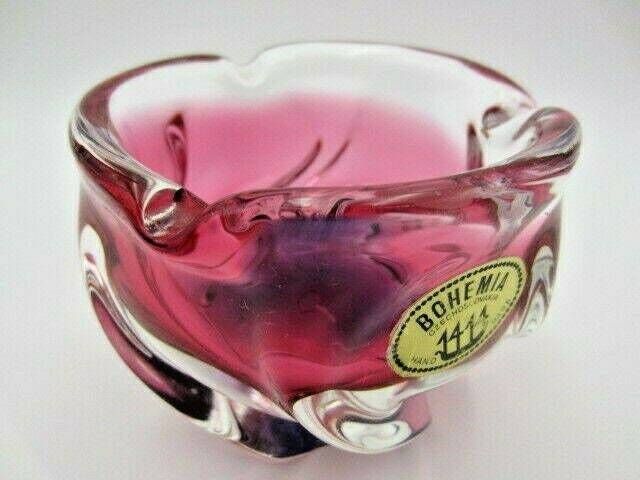 photo for sale Chribska Organic Footed Round Pink Purple Sommerso Style Art Glass Bowl Label
