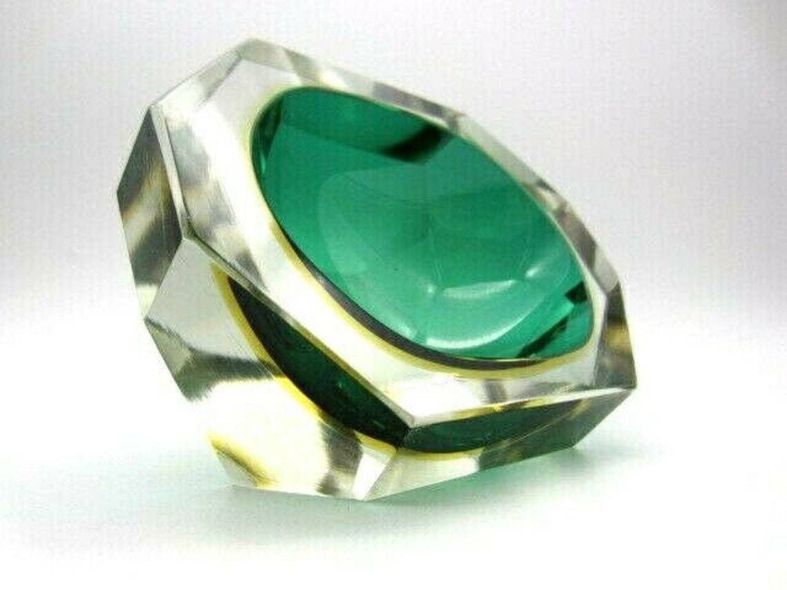 Faceted Green Amber Murano Sommerso Diamond Cut Glass Bowl Poli Mandruzzato Era photo for sale