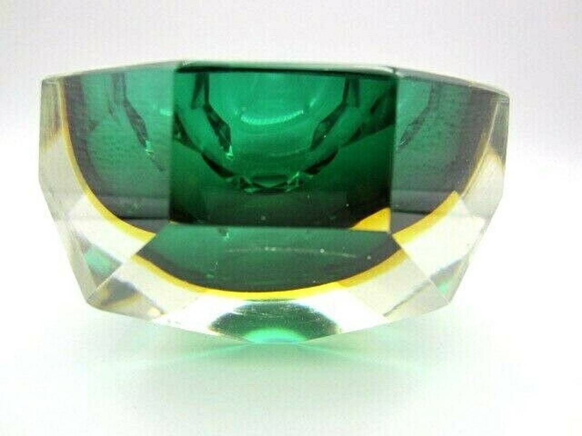 Faceted Green Amber Murano Sommerso Diamond Cut Glass Bowl Poli Mandruzzato Era photo 248.0