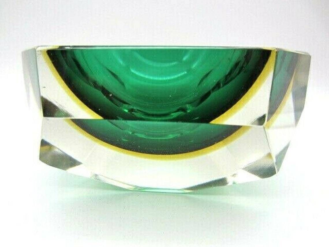 Faceted Green Amber Murano Sommerso Diamond Cut Glass Bowl Poli Mandruzzato Era photo vinterior