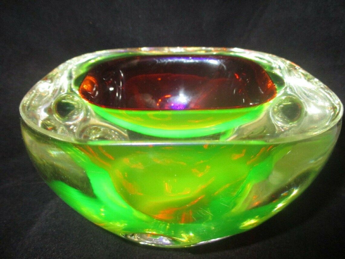 Red Yellow Green Murano Sommerso Dimpled Geode Glass Bowl Galliano Ferro Glows