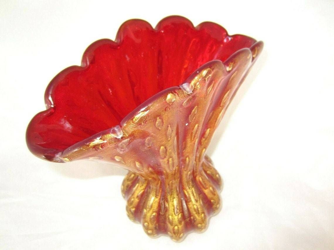 Murano 12in Barovier And Toso Cordonato Doro Gold Red Art Glass Large Fan Vase