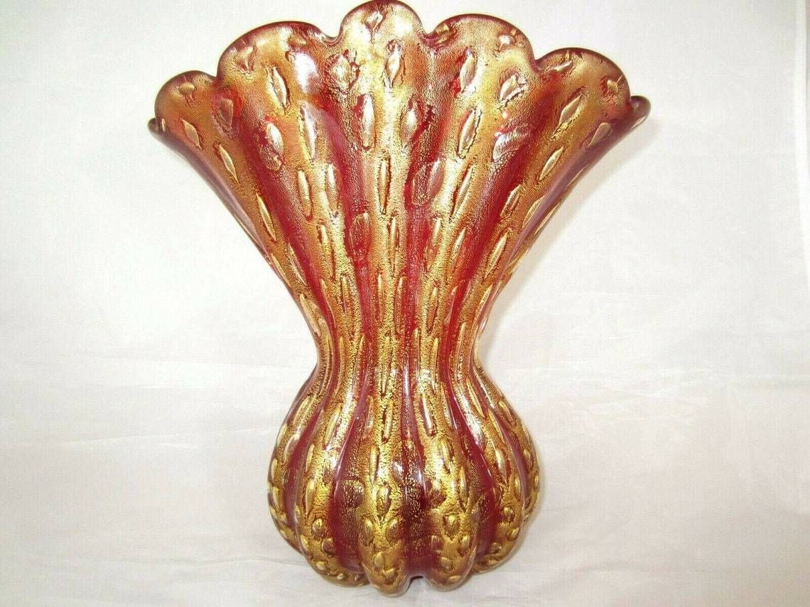 Murano 12in Barovier And Toso Cordonato Doro Gold Red Art Glass Large Fan Vase photo vintage