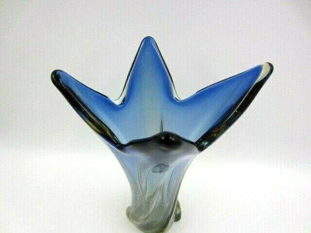 photo for sale Czech Sommerso Ribbed And Twisted Leaf Vase Blues In Amber Collectible Glass