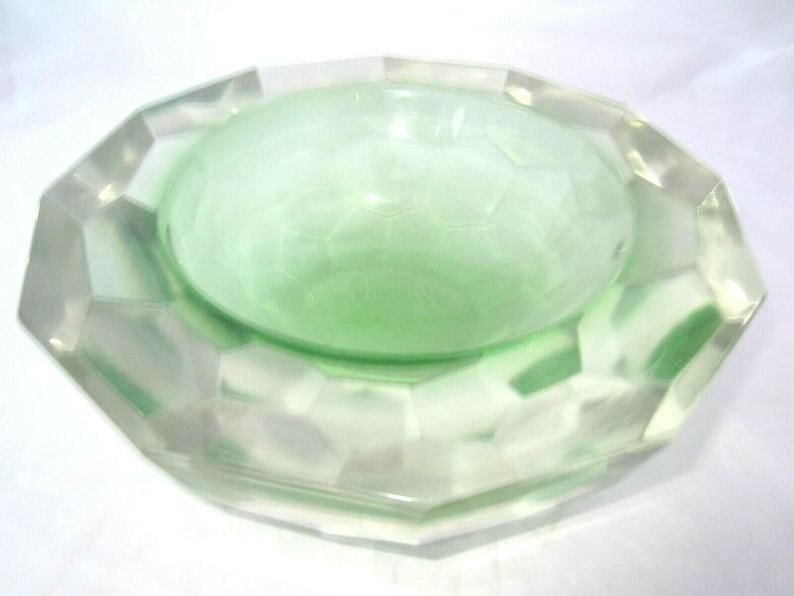 Murano Mandruzzato 25cm 6kg Green Sommerso Diamond Cut Art Glass Caviar Bowl Xxl photo 743.0