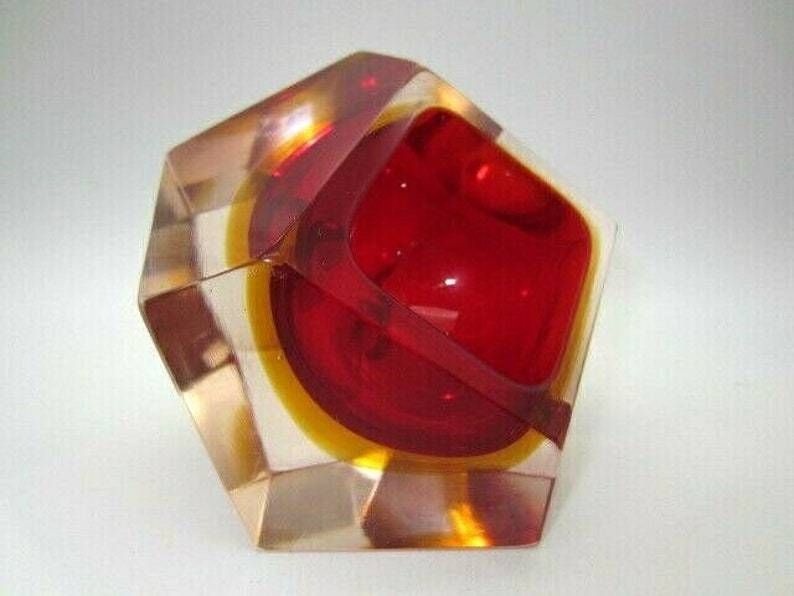 Murano Poli Seguso Era Diamond Sommerso Red And Amber In Pink Art Glass Bowl photo furniture