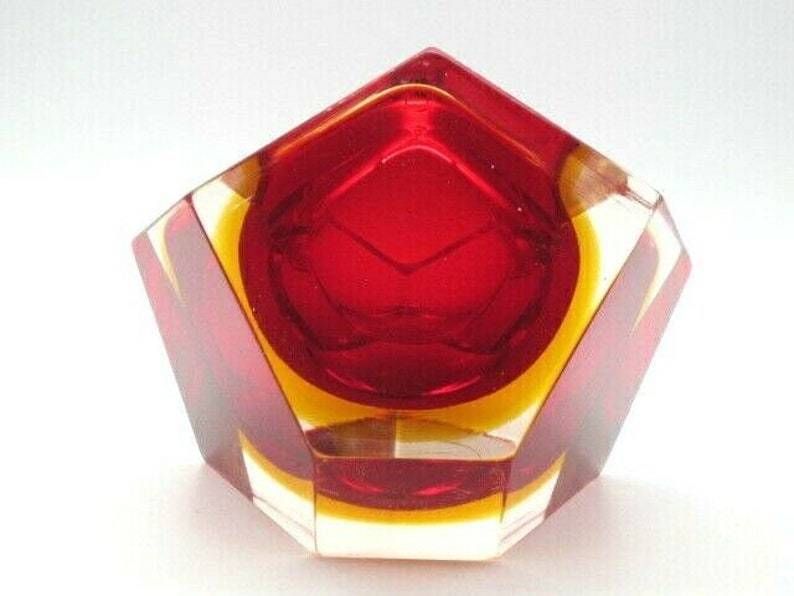 Murano Poli Seguso Era Diamond Sommerso Red And Amber In Pink Art Glass Bowl photo for sale