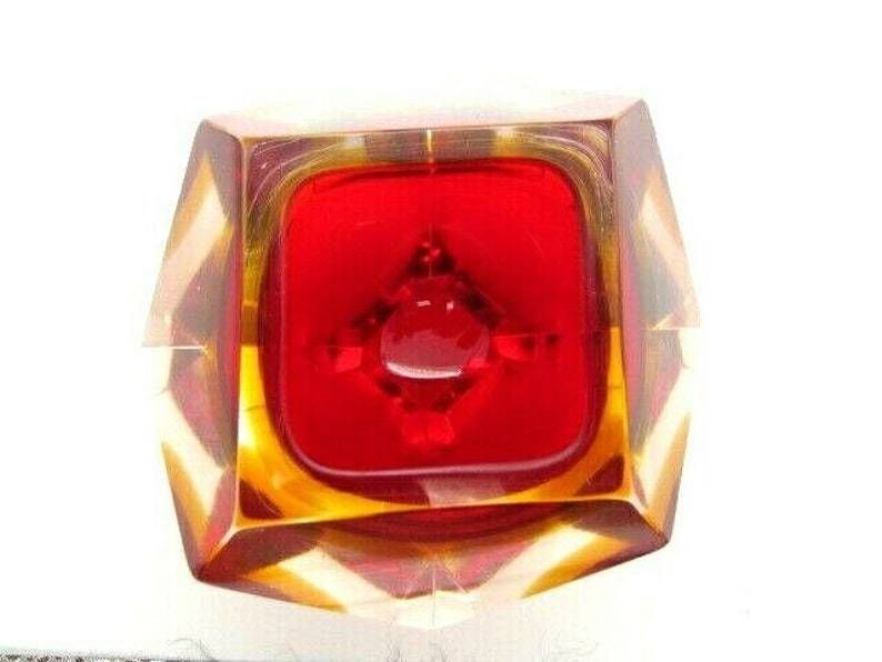 Murano Poli Seguso Era Diamond Sommerso Red And Amber In Pink Art Glass Bowl photo vintage