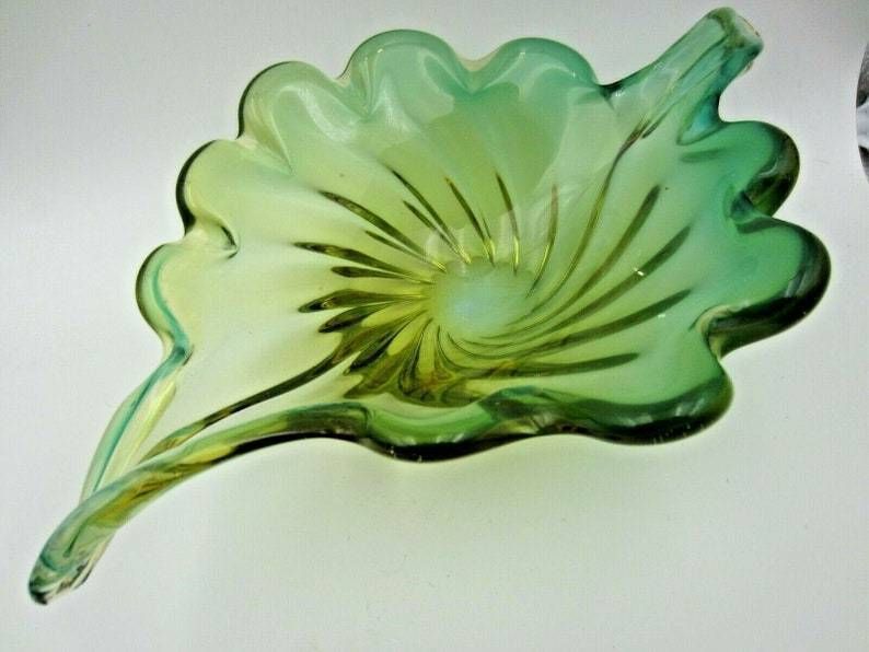 Murano Mid Century Green Opaline And Amber Leaf Bowl Barovier And Toso Italy