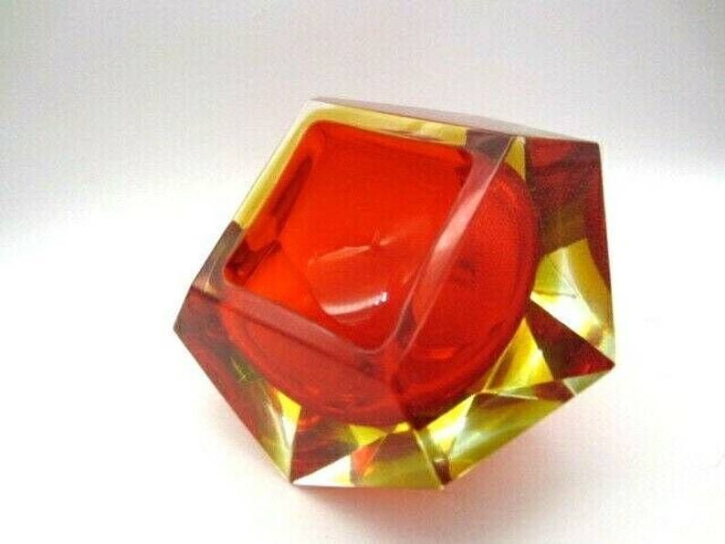 Xxl Murano Sommerso Red Amber Poli Seguso Era Large Facet Cut Art Glass Bowl photo furniture