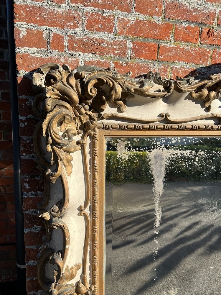 An Exceptional Large Antique English 19th Century Carved Wood & Gesso Original Distressed Gilt And Painted Rococo Style Mirror photo furniture