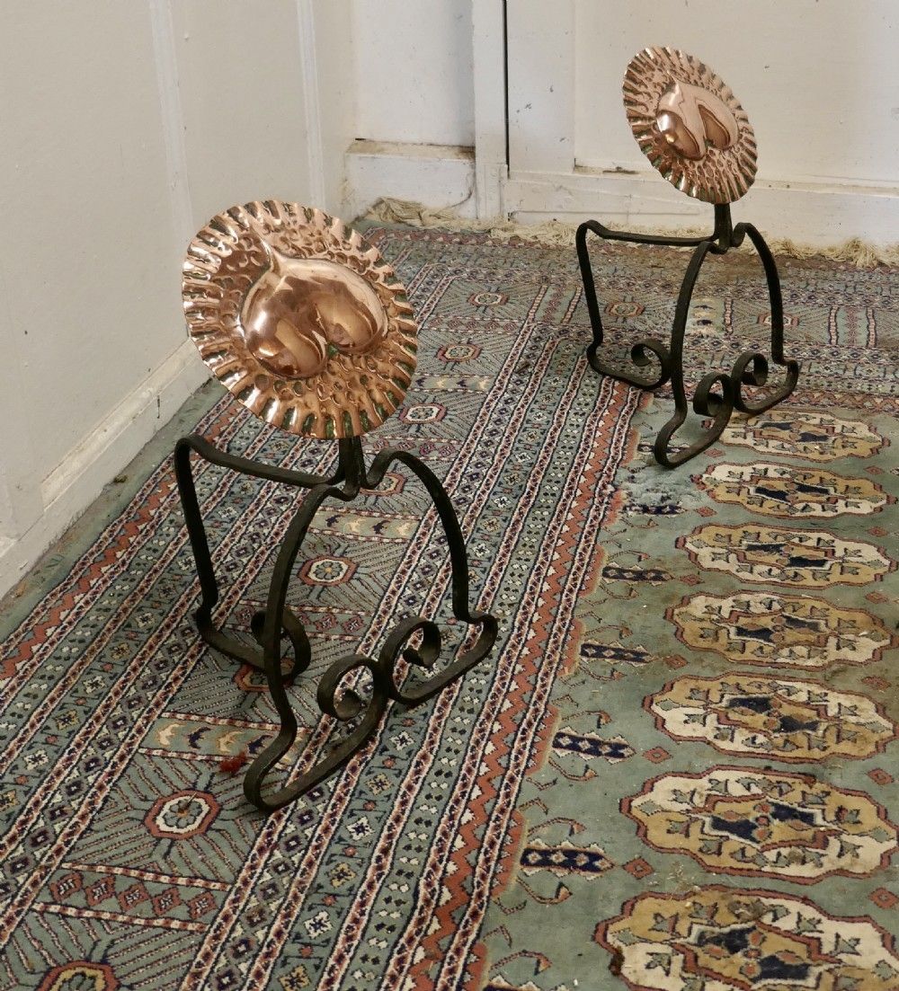 A Pair Of Arts And Crafts Copper And Iron Andirons Or Fire Dogs photo vinterior
