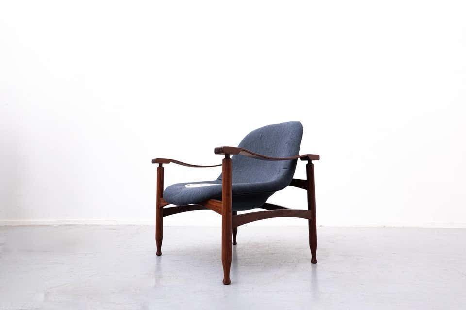Pair Of Blue Armchairs By Jorge Zalszupin, Wood And Fabric, Brasil, 1960s photo for sale