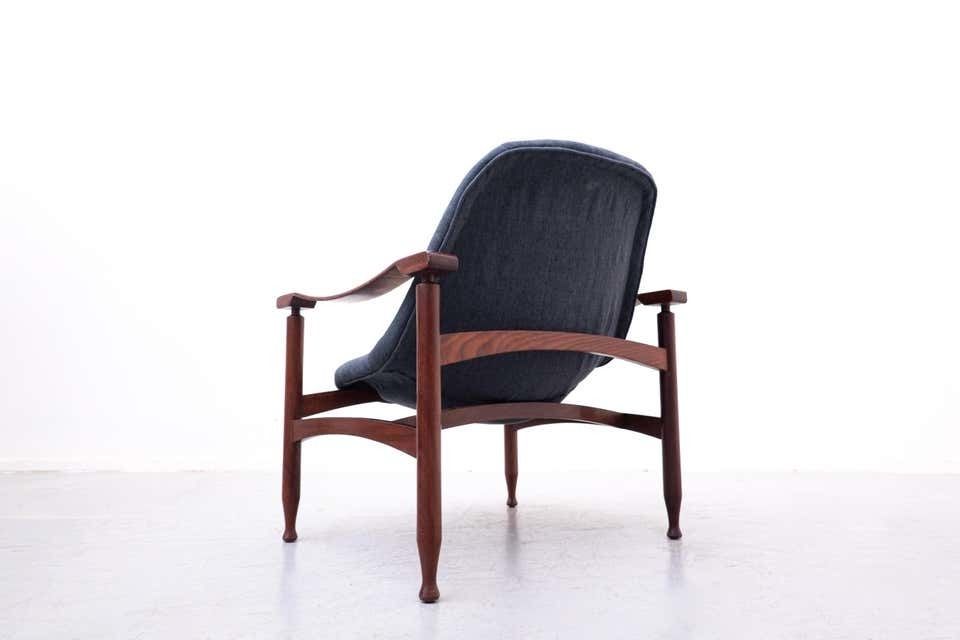 Pair Of Blue Armchairs By Jorge Zalszupin, Wood And Fabric, Brasil, 1960s photo buy