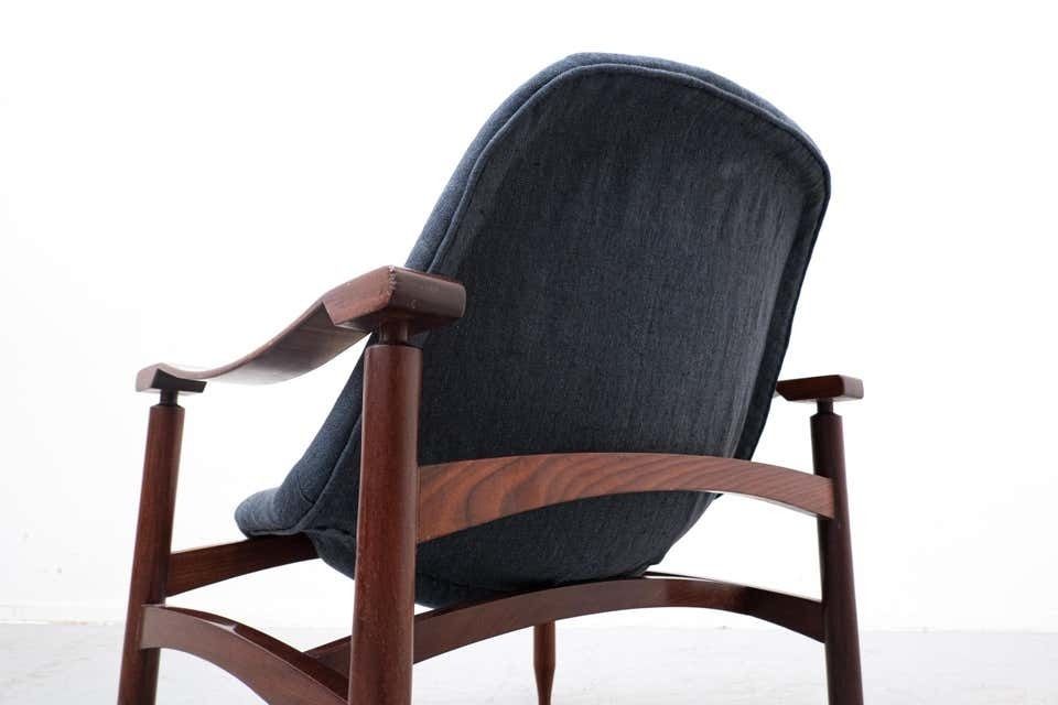 Pair Of Blue Armchairs By Jorge Zalszupin, Wood And Fabric, Brasil, 1960s photo vintage