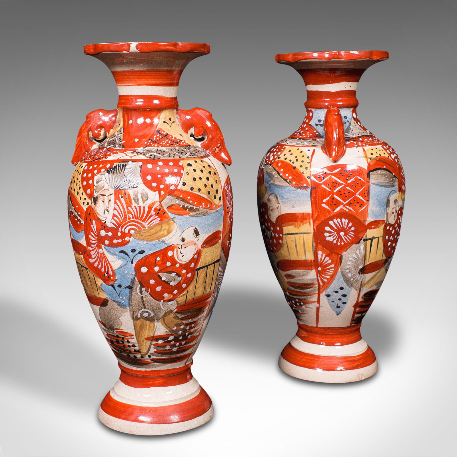 Pair Of Antique Imari Vases, Japanese, Hand Painted, Meiji, C.1900 photo vintage