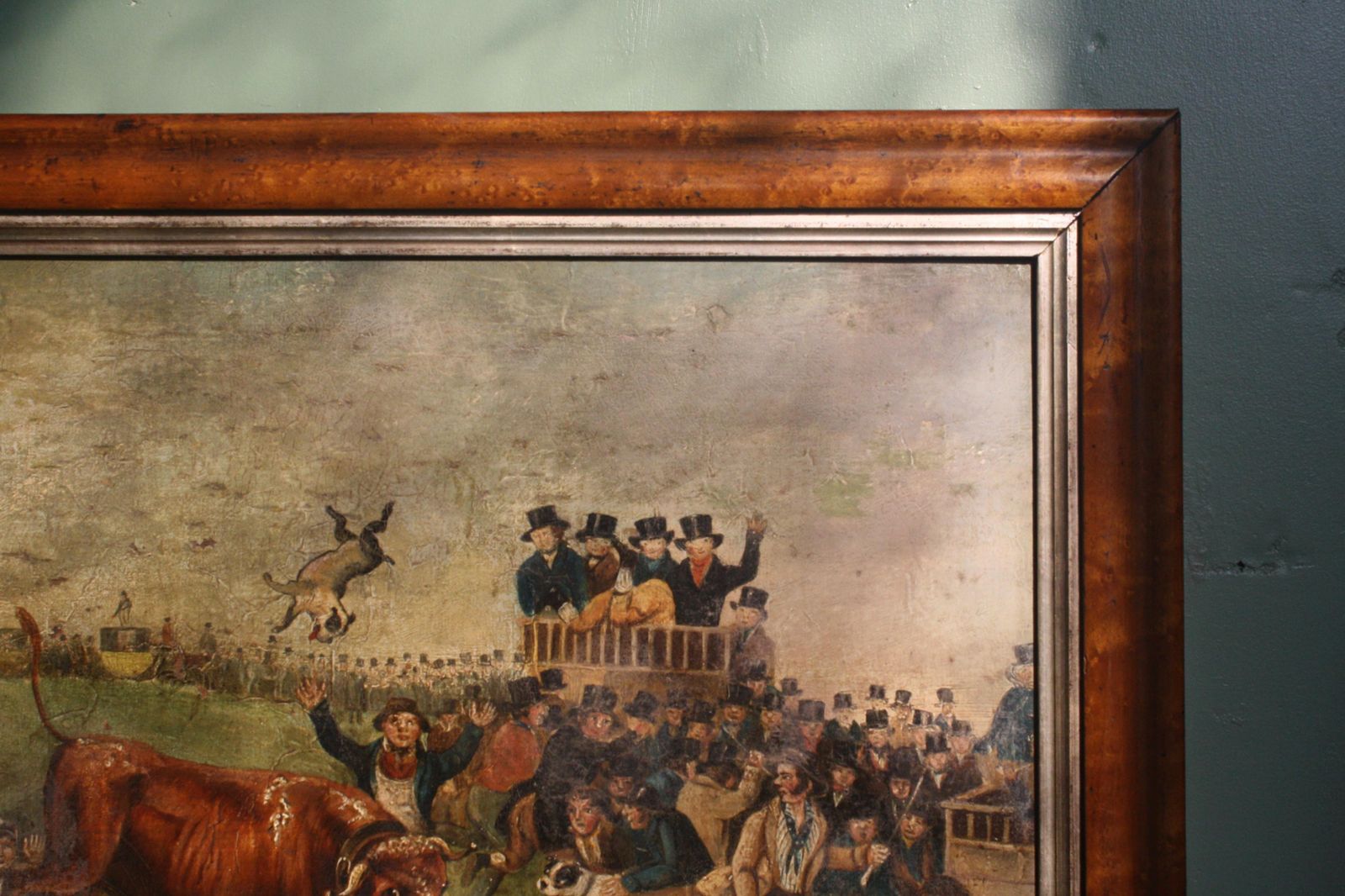 Late Naive English School "Bull Broke Loose" Bull Baiting Oil On Canvas photo 1200.0