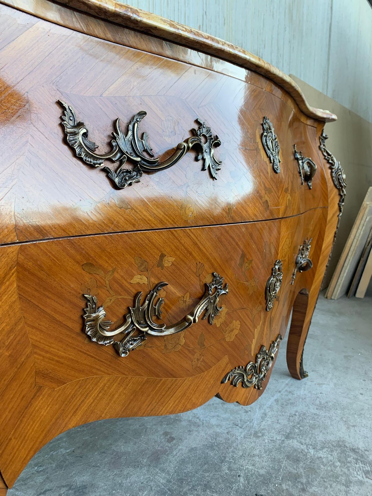 photo for sale French Louis XV Style Fine Kingwood And Marquetry Ormolu Mounted Bombe Commode