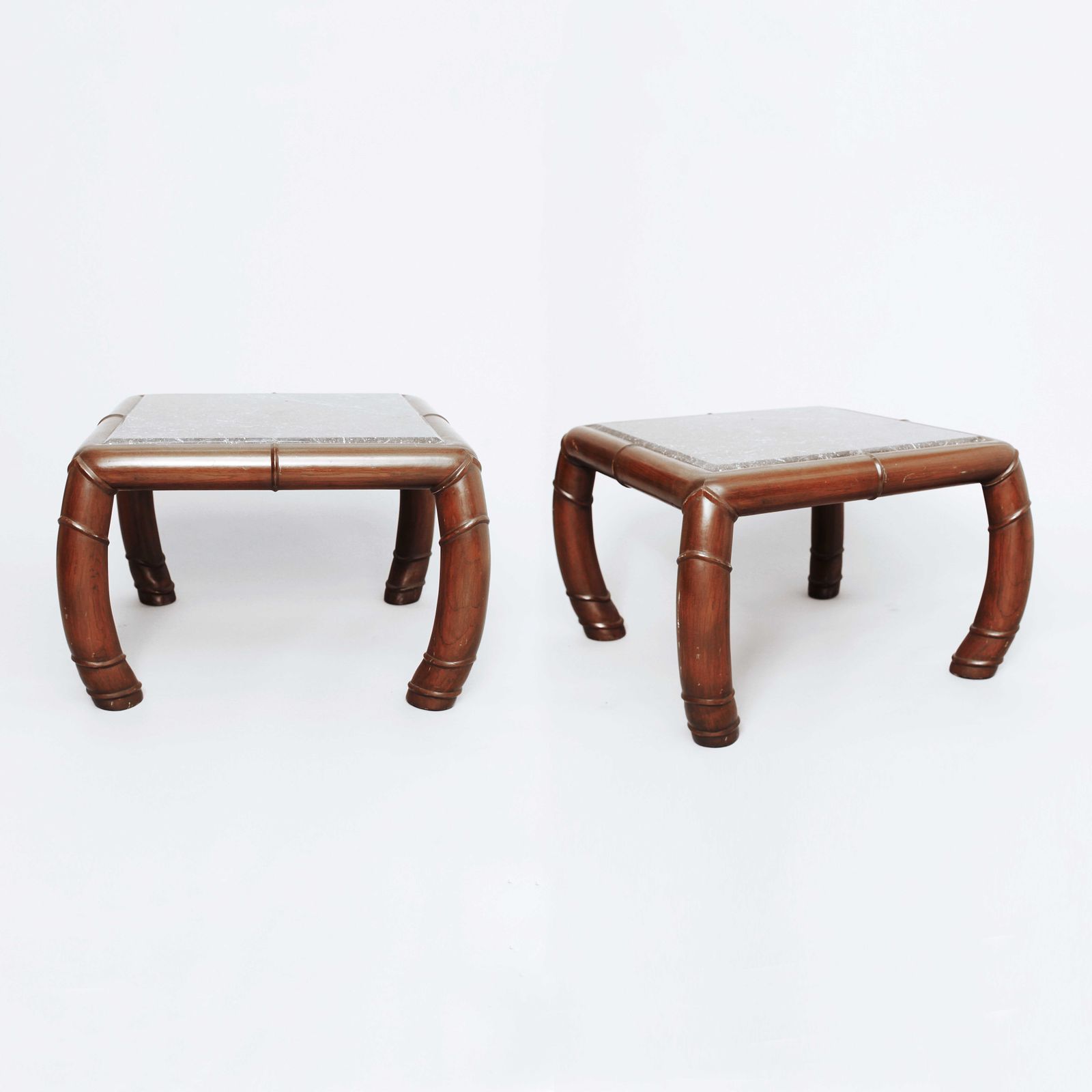 2 Faux Bamboo Grey Marble Side Coffee Tables Mid Century Hollywood Regency photo for sale