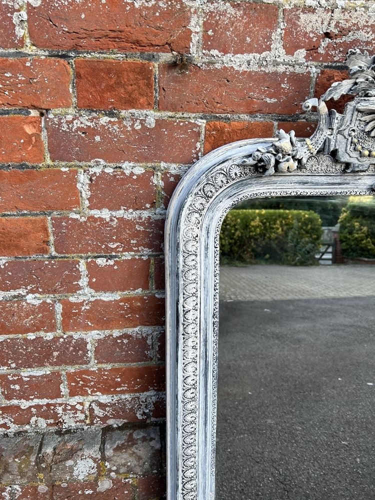 A Wonderful Highly Useful Size Antique French 19th Century Carved Wood & Gesso Arched Top Painted Mirror