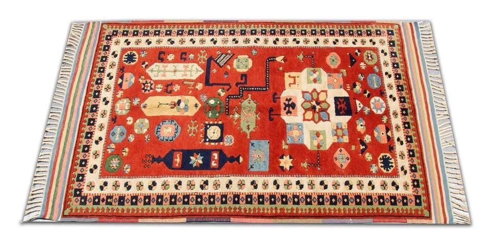 Vintage Oriental Rug Tribal Carpet Geometric Red Wool photo Textiles