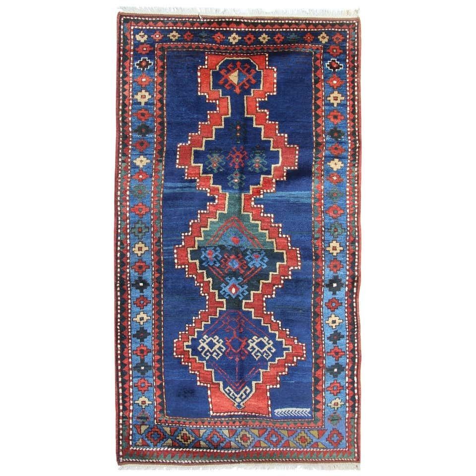 Antique Rugs Geometric Caucasian Carpet Blue Kazak Rugs Area Living Room