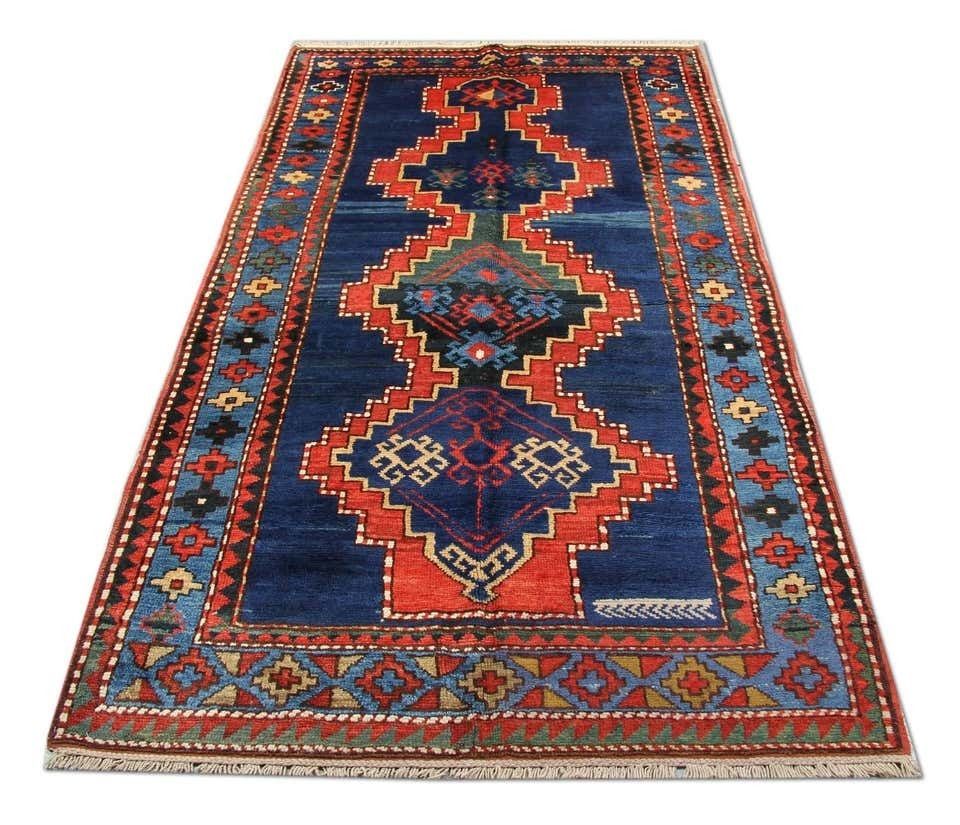 Antique Rugs Geometric Caucasian Carpet Blue Kazak Rugs Area Living Room photo for sale