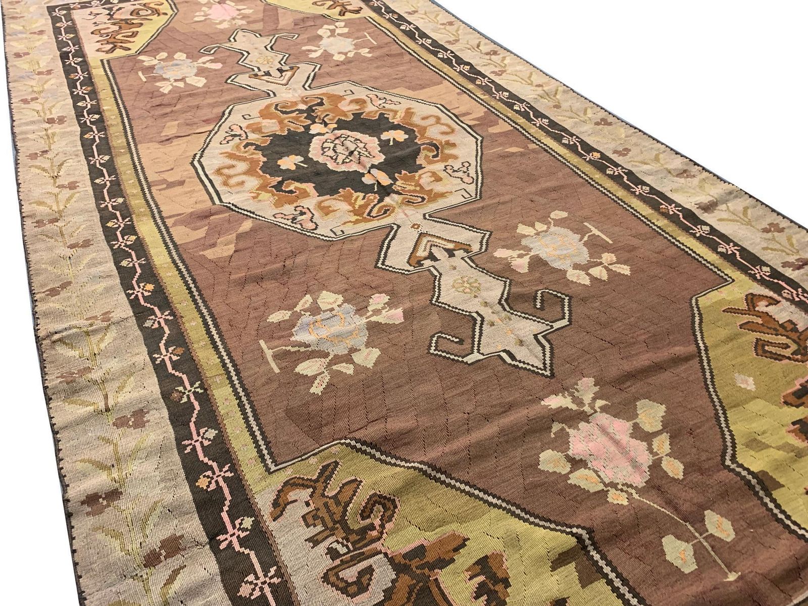 Handmade Kilim Rugs Antique Brown Wool Kilim Traditional Karabagh Rug photo for sale