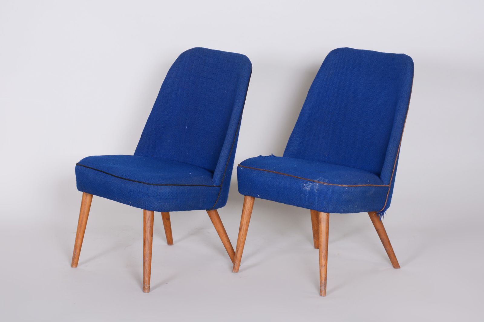 Set Of 2 Blue Mid Century Armchairs, Made In 1950s Czechia. Ash, Original.