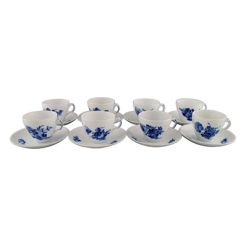 Eight Royal Copenhagen Blue Flower Braided Coffee Cups With Saucers, Mid 20th C