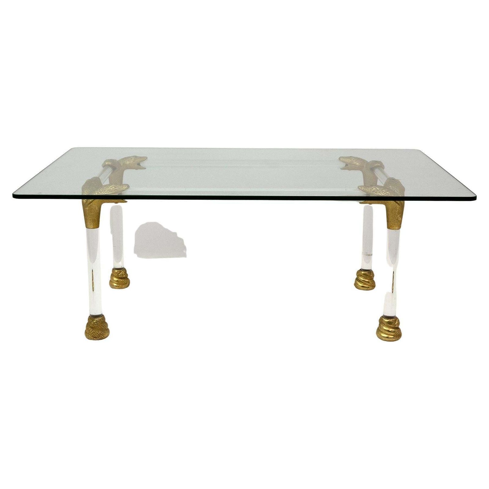 Mid Century Lucite And Brass Italian Coffee Table With Snake Head Details, 1970s