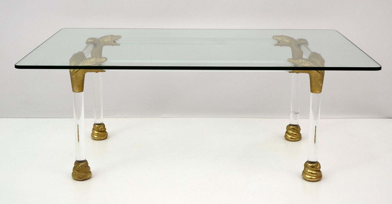 Mid Century Lucite And Brass Italian Coffee Table With Snake Head Details, 1970s photo for sale