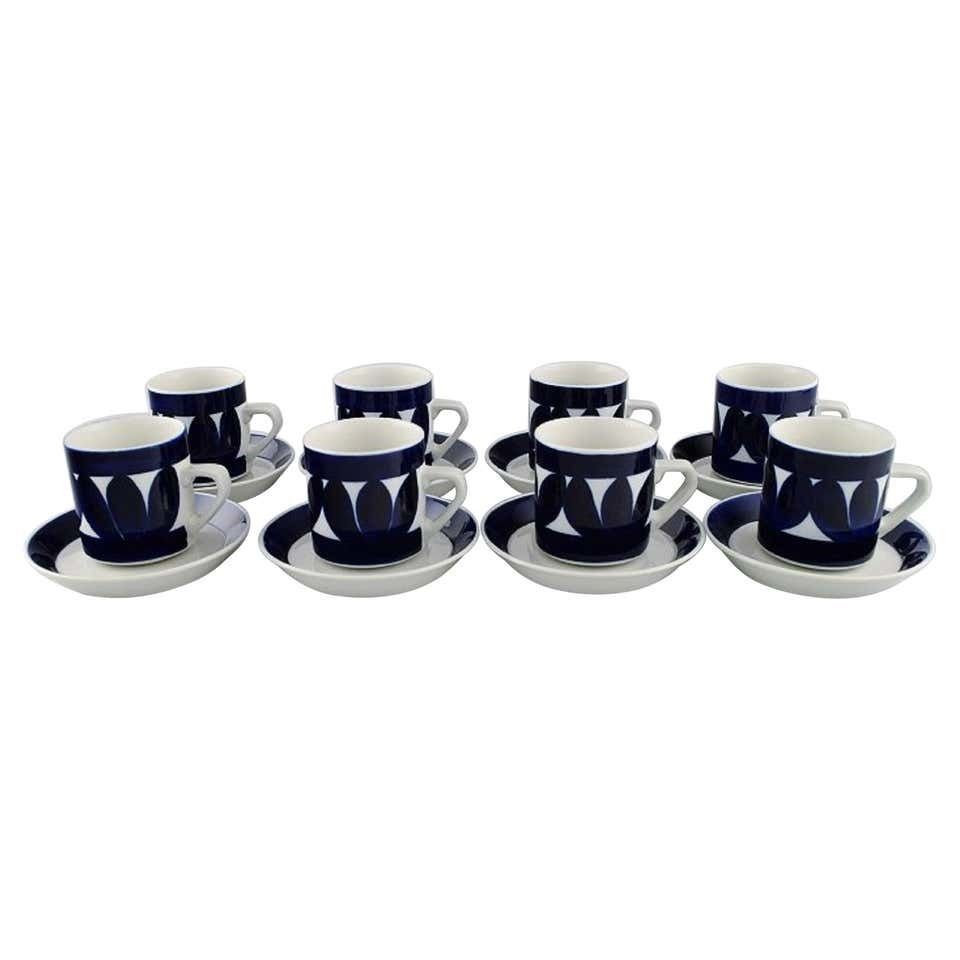 Raija Uosikkinen For Arabia, Eight Sotka Coffee Cups With Saucers