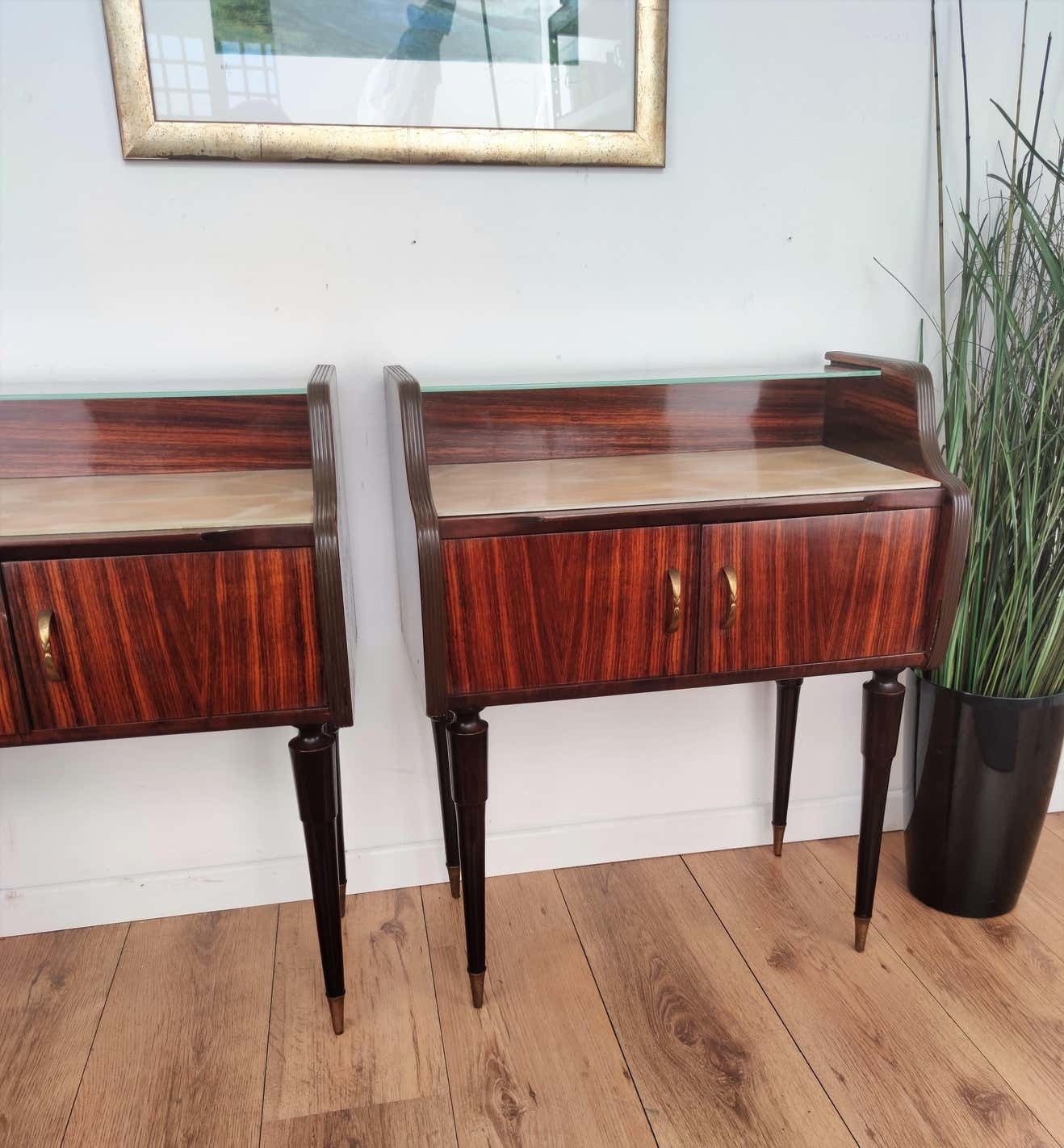 Italian Midcentury Art Deco Nightstands Bed Side Tables Wood Brass & Glass photo 1540.0
