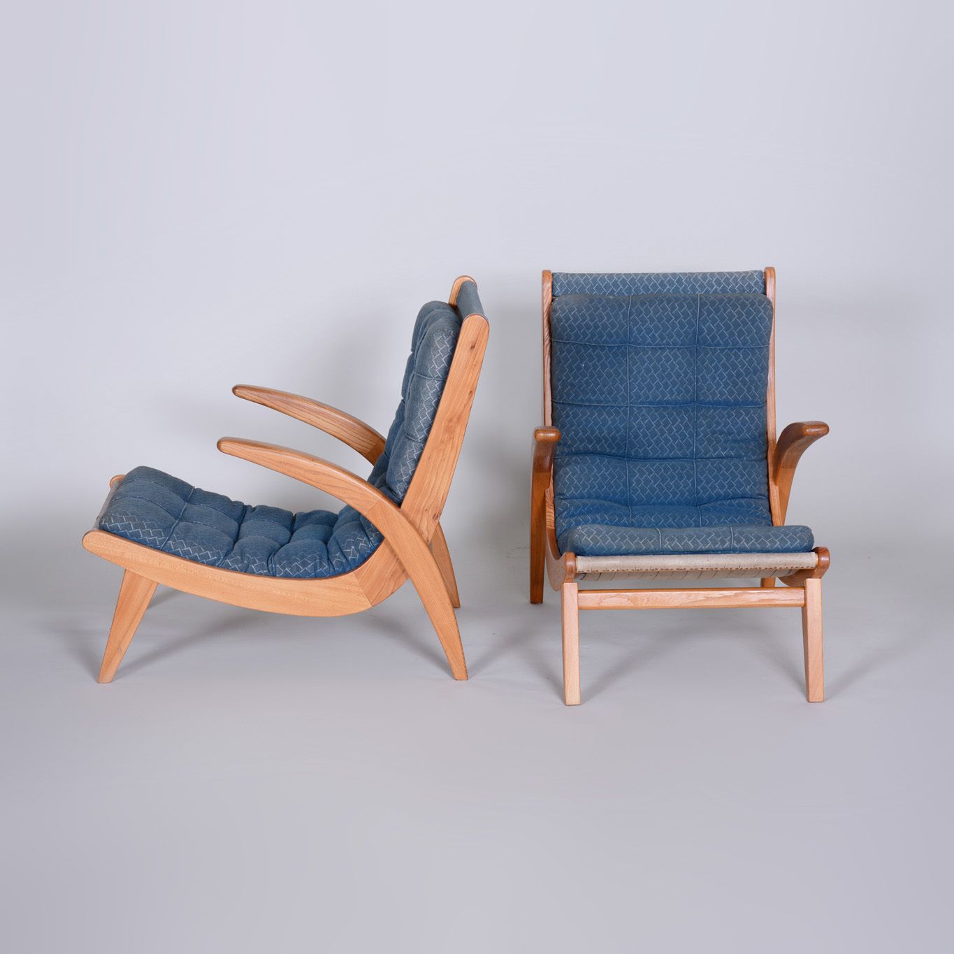 photo for sale Pair Of Blue Mid Century Armchairs, Designed By Jan Vaněk In The 1950s. Ash.