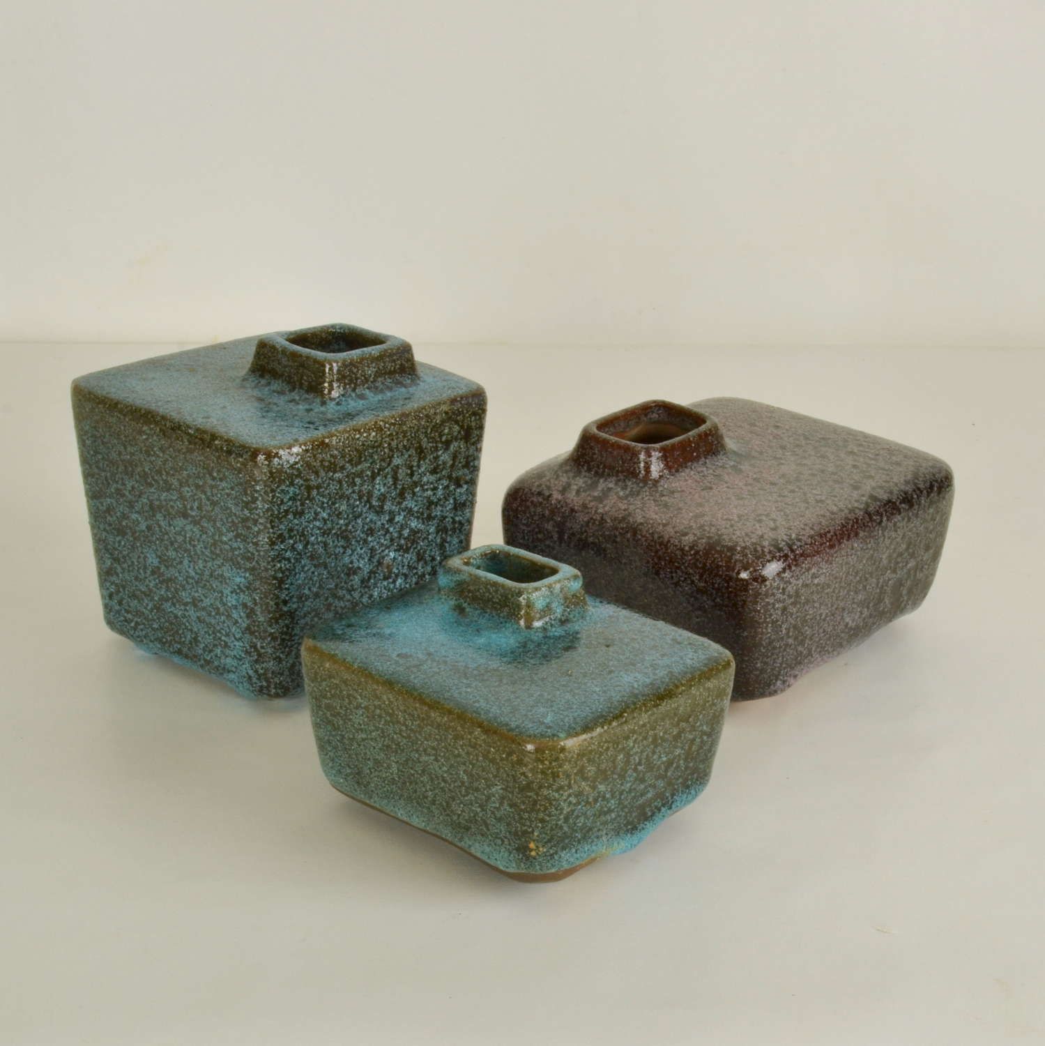 Set Of Six Block Vases In Purple And Turquoise Ceramic By Groeneveldt photo vintage