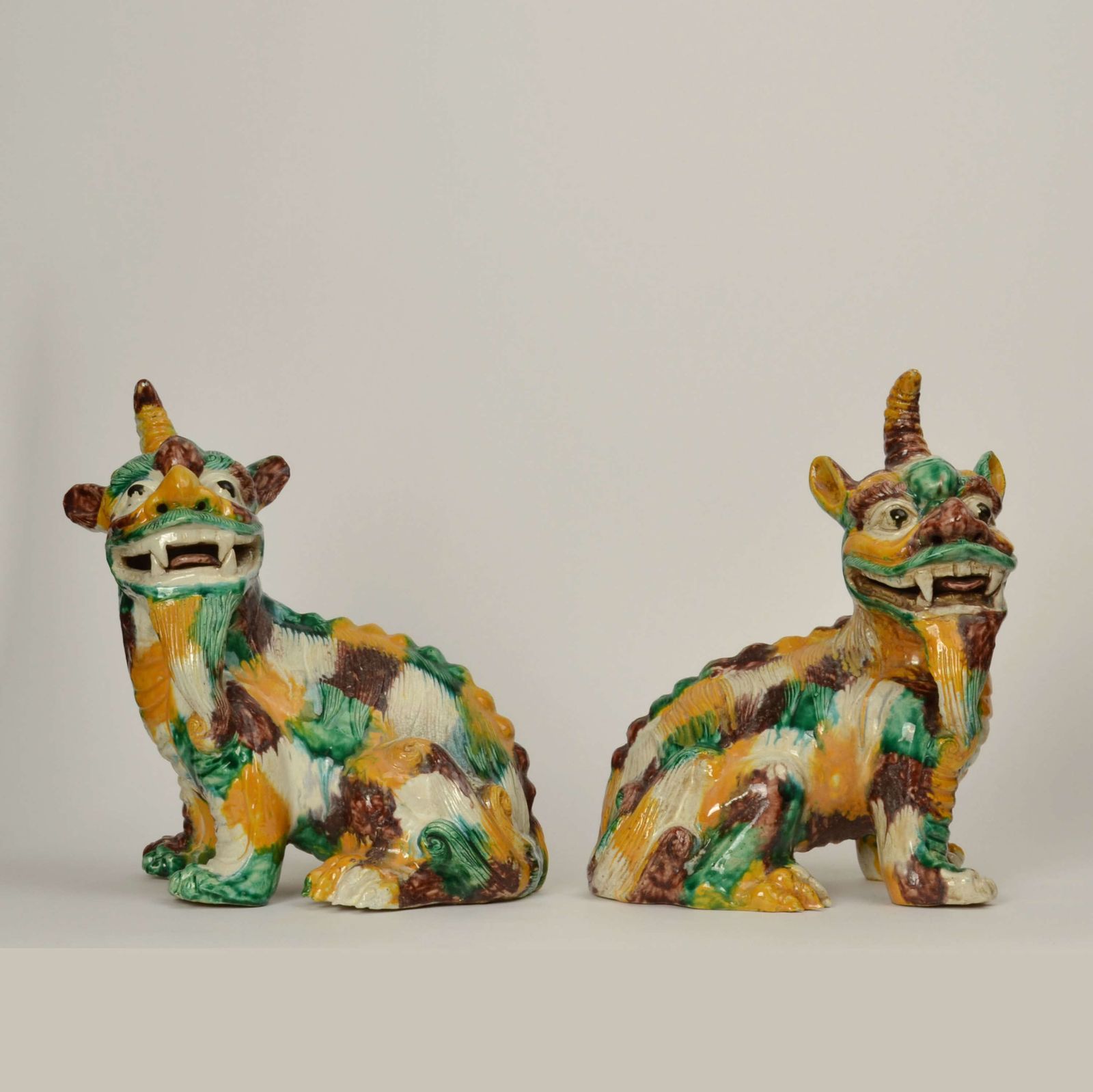 Pair Of Chinese Qilin 20th Century In Sancai Glazed Ceramic photo furniture