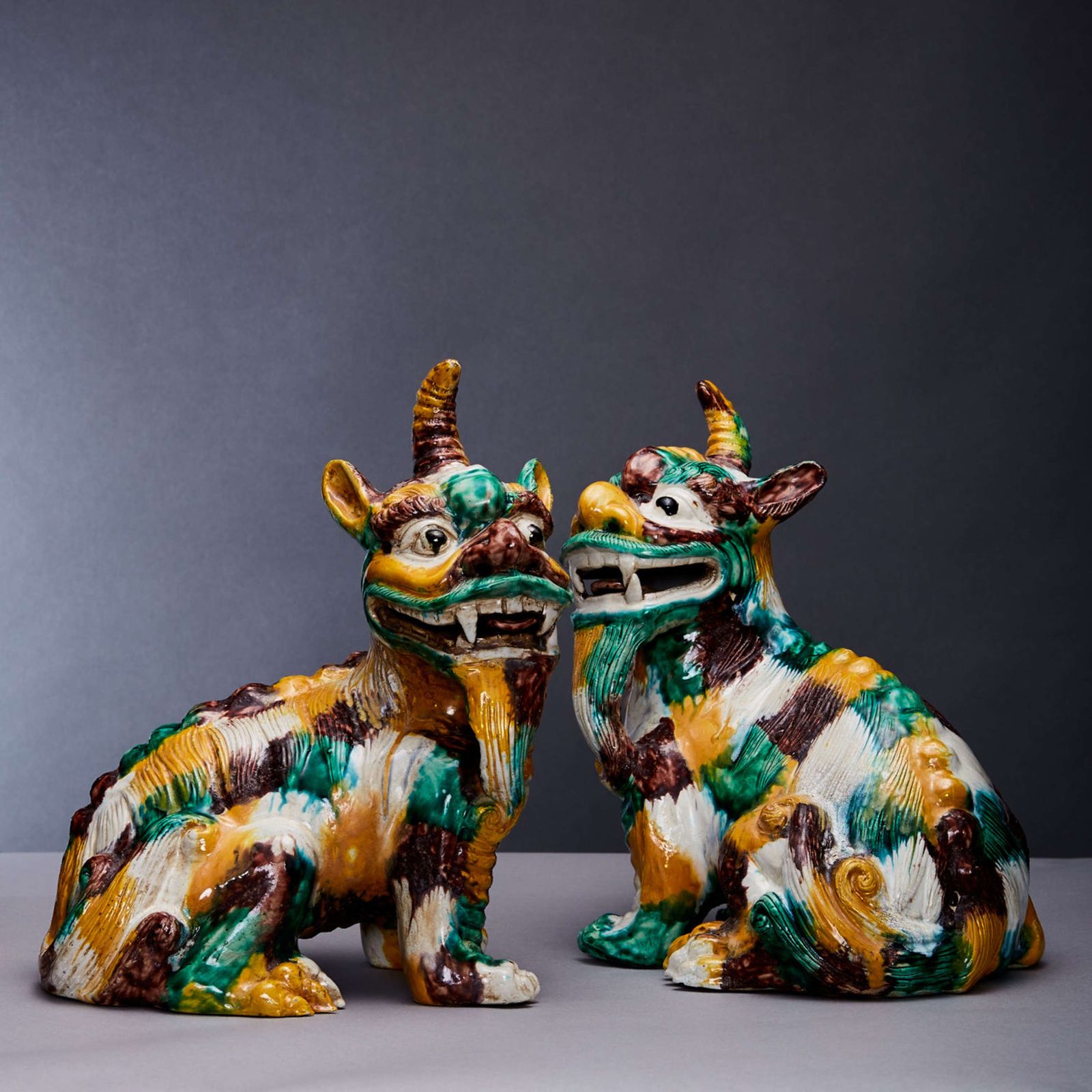 Pair Of Chinese Qilin 20th Century In Sancai Glazed Ceramic photo Art
