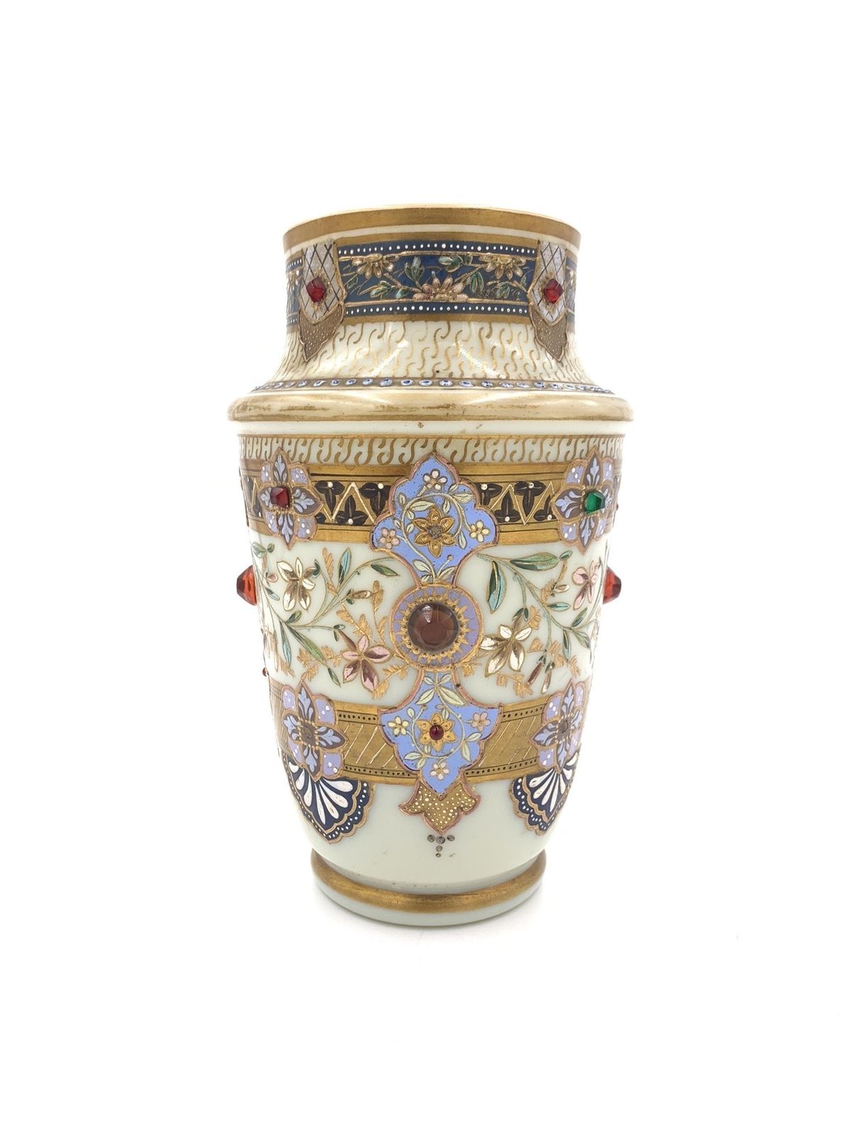 Set Of Three Jewelled Bohemian Opaline Vases, 19th Century photo for sale