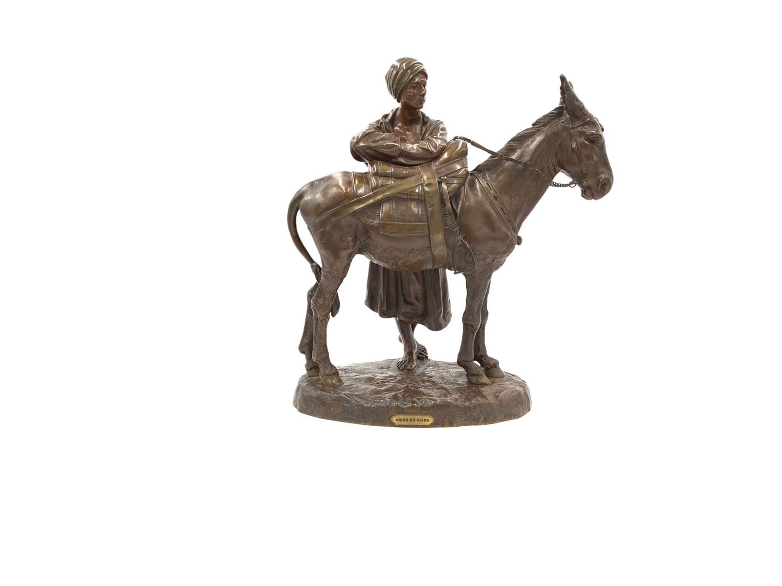 A French Patinated Bronze Group Of A Figure And Donkey, Entitled 'Anier Du Caire'