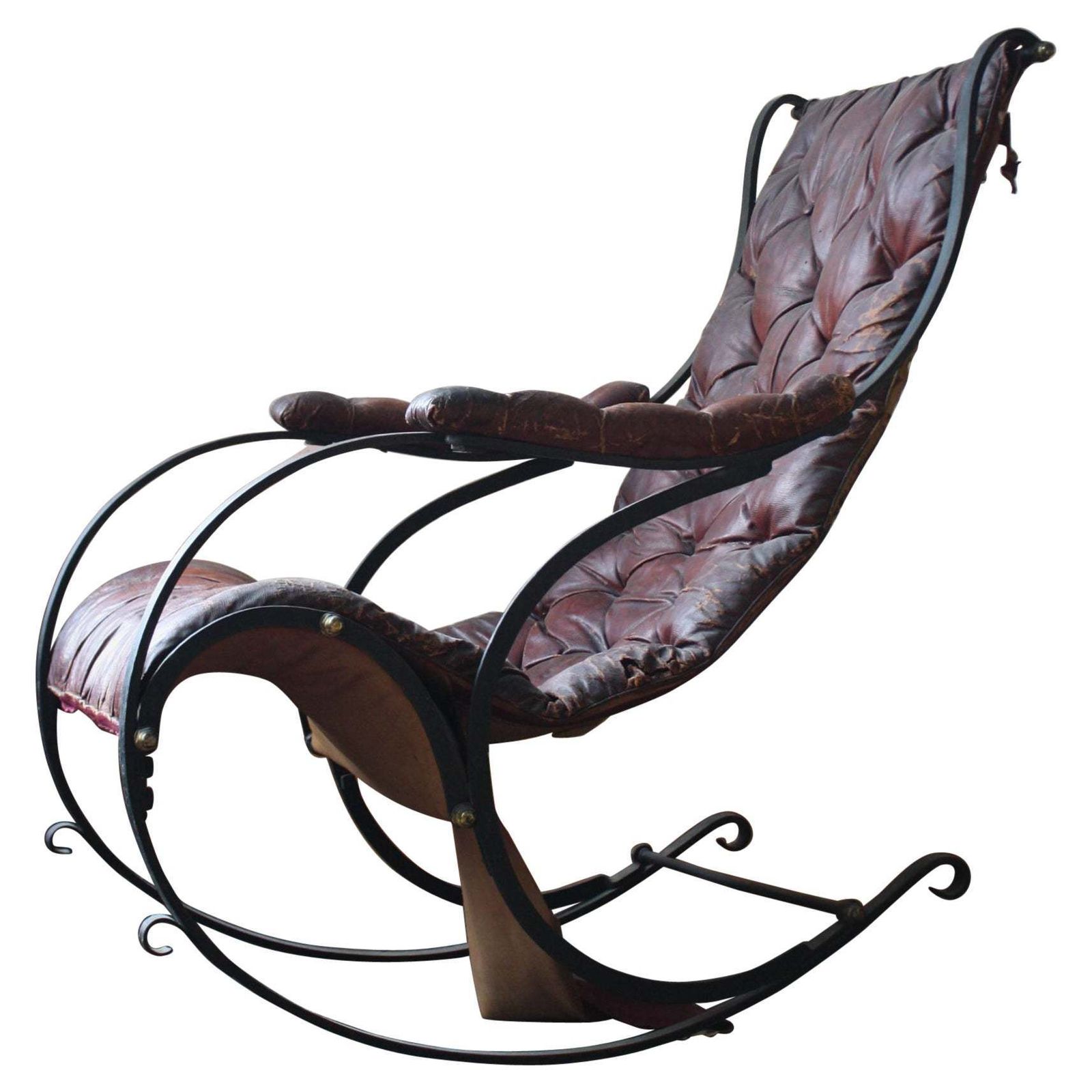 19th C Country House Campaign Ox Blood Leather Iron Rocking Chair R.W. Winfield