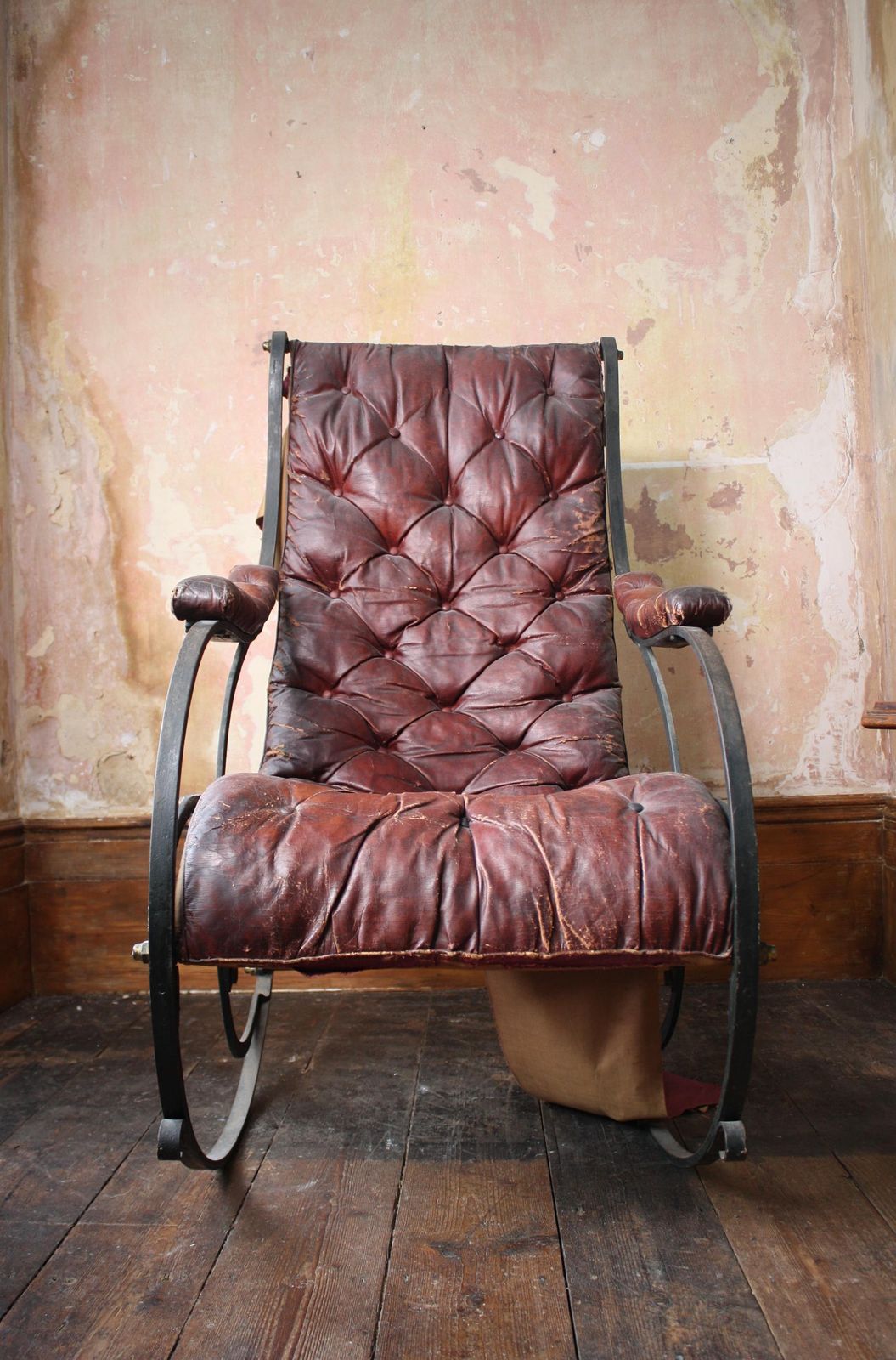 19th C Country House Campaign Ox Blood Leather Iron Rocking Chair R.W. Winfield photo vintage