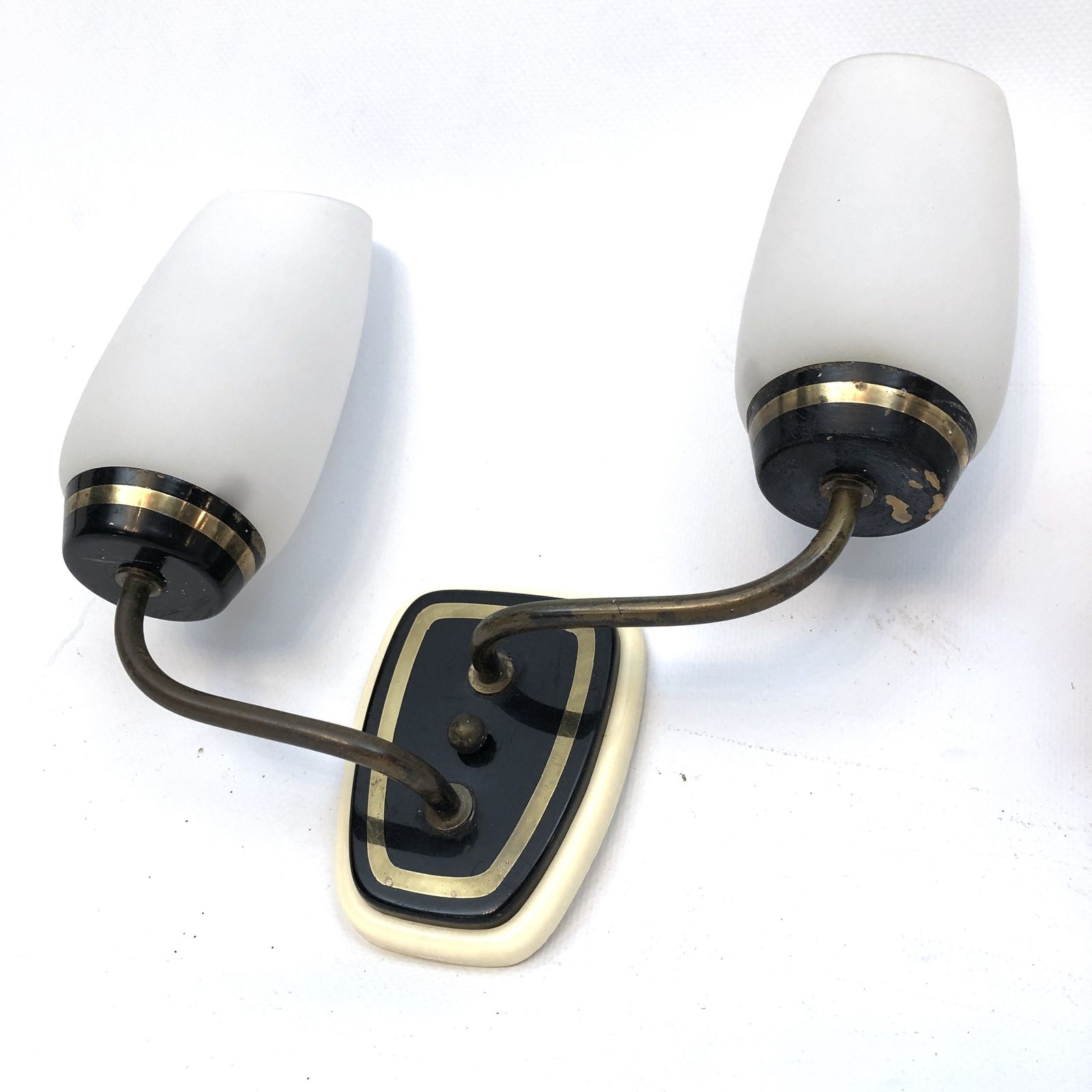 Stilnovo Style, Mid Century Italian Brass And Opaline Glass Sconces. Set Of Two photo for sale