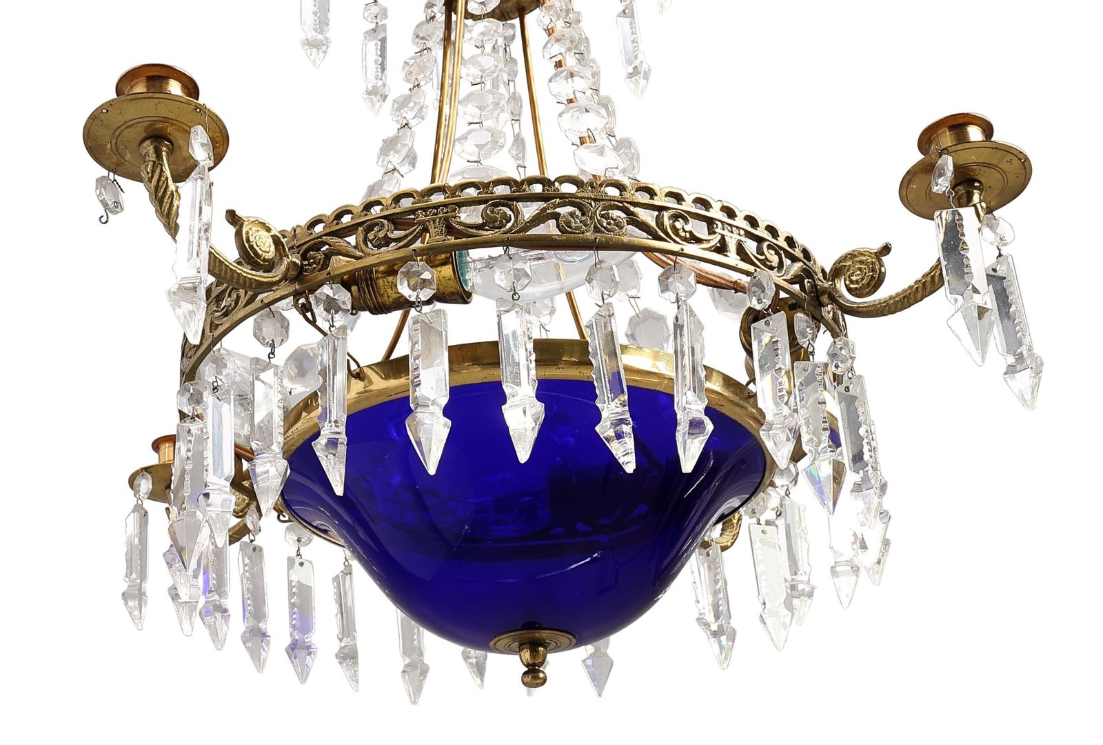 Antique 4 Arm Crystal Empire Chandelier With Blue Glass  1900's photo Lighting