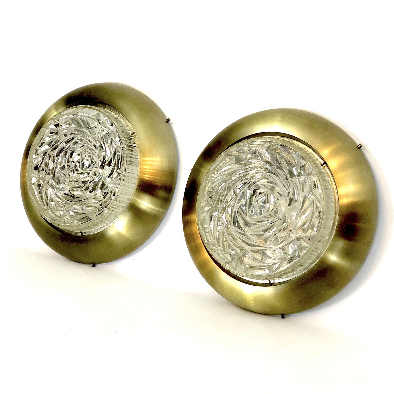 Stilux Milano, Mid Century Gild And Glass Ceiling Lamps Or Sconces. Set Of Two photo for sale