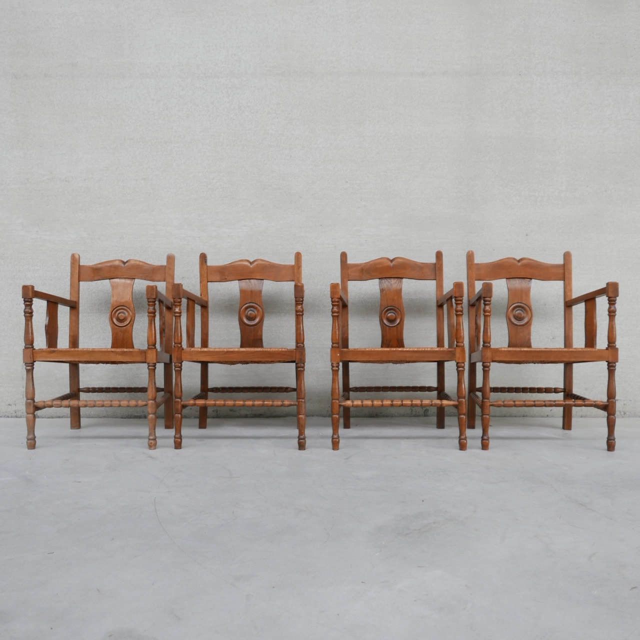 Two Pairs Of French Mid Century Rush Oak Armchairs photo vintage