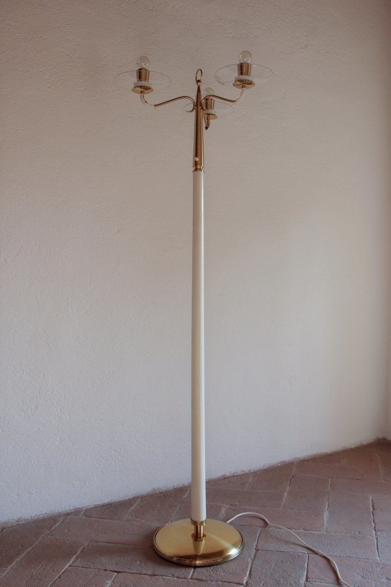 Mid Century Italian Ash & Polished Brass Floor Lamp In The Style Of Pietro Chiesa, 1940s