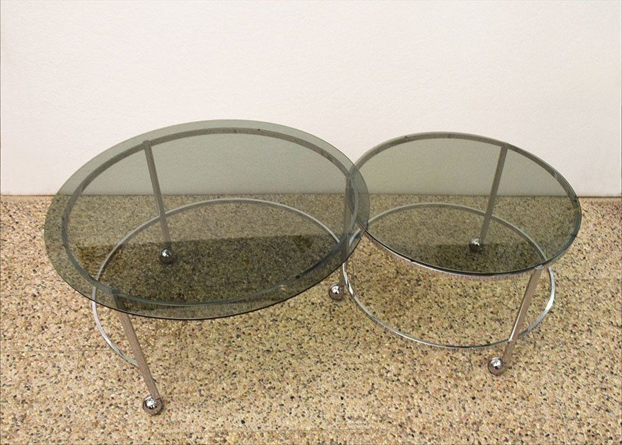 2 Tier Swivel Coffee Table In Chromed Steel And Crystal, 1970s photo furniture